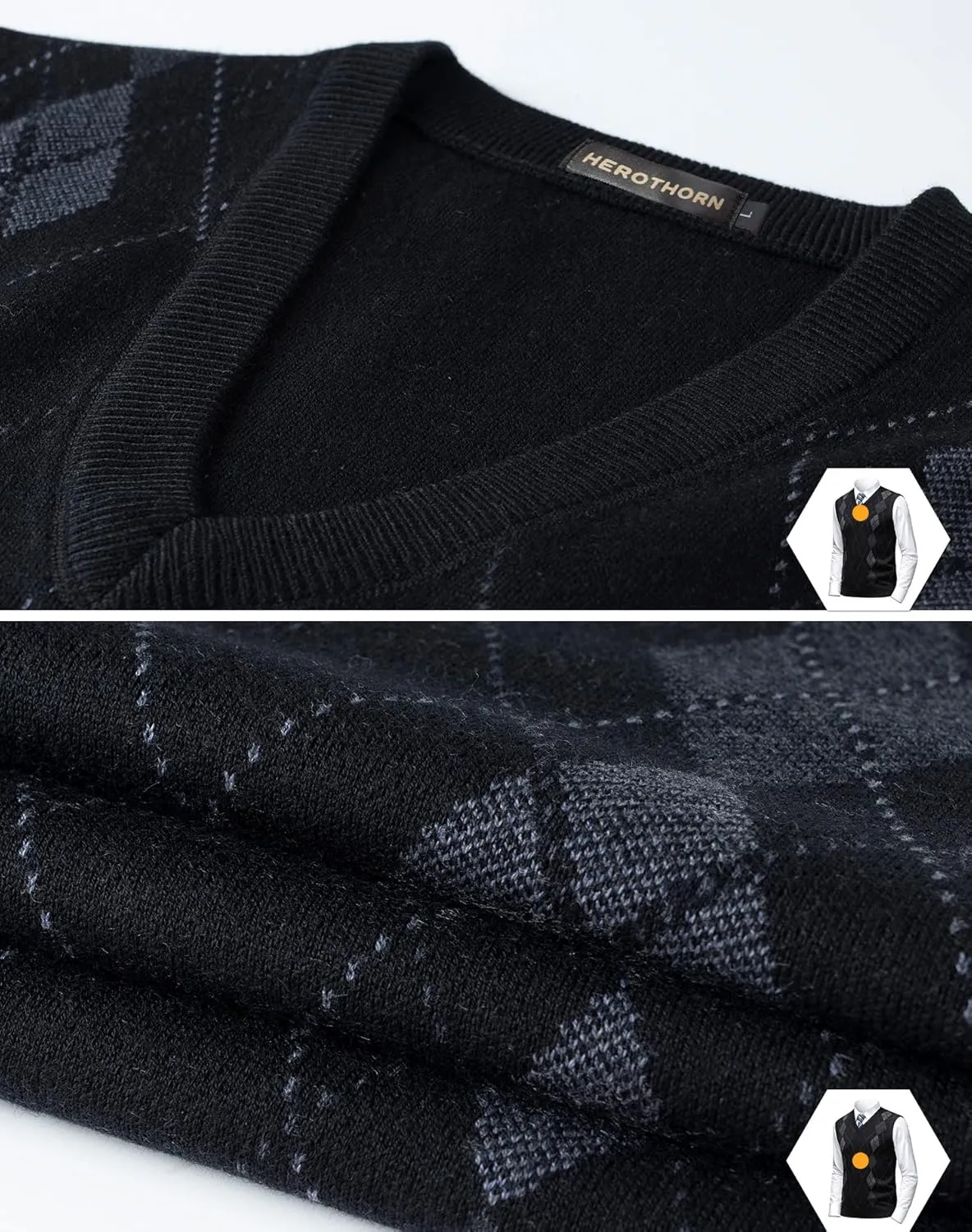 Mens Argyle Sweater Vests Classic V-Neck Sleeveless Pullover Grey Black Knitwear Nice Tank Tops for Dad Husband