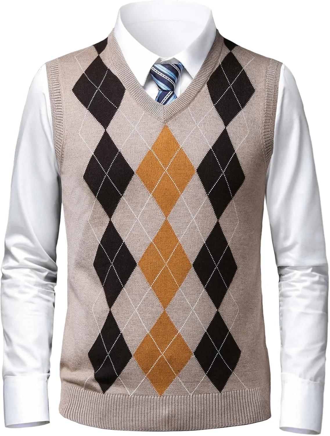 Mens Argyle Sweater Vests Classic V-Neck Sleeveless Pullover Grey Black Knitwear Nice Tank Tops for Dad Husband