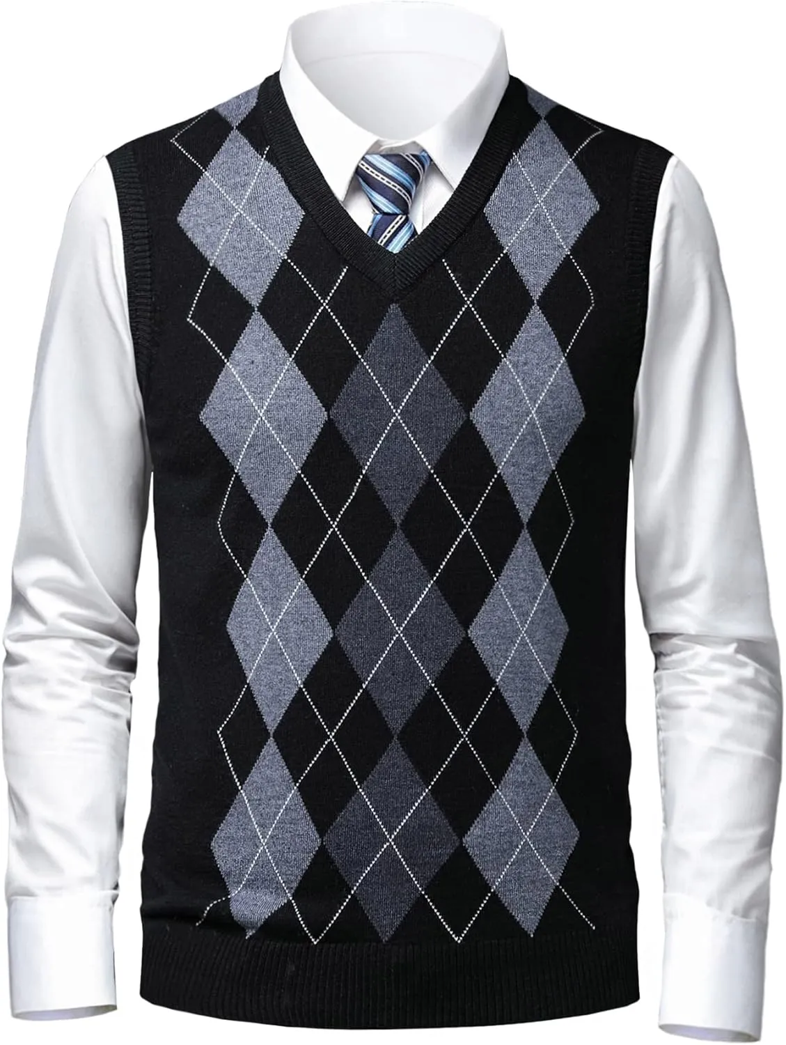 Mens Argyle Sweater Vests Classic V-Neck Sleeveless Pullover Grey Black Knitwear Nice Tank Tops for Dad Husband