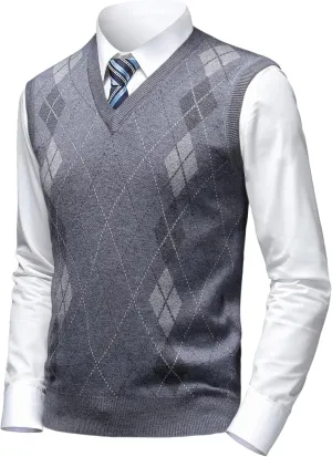 Mens Argyle Sweater Vests Classic V-Neck Sleeveless Pullover Grey Black Knitwear Nice Tank Tops for Dad Husband