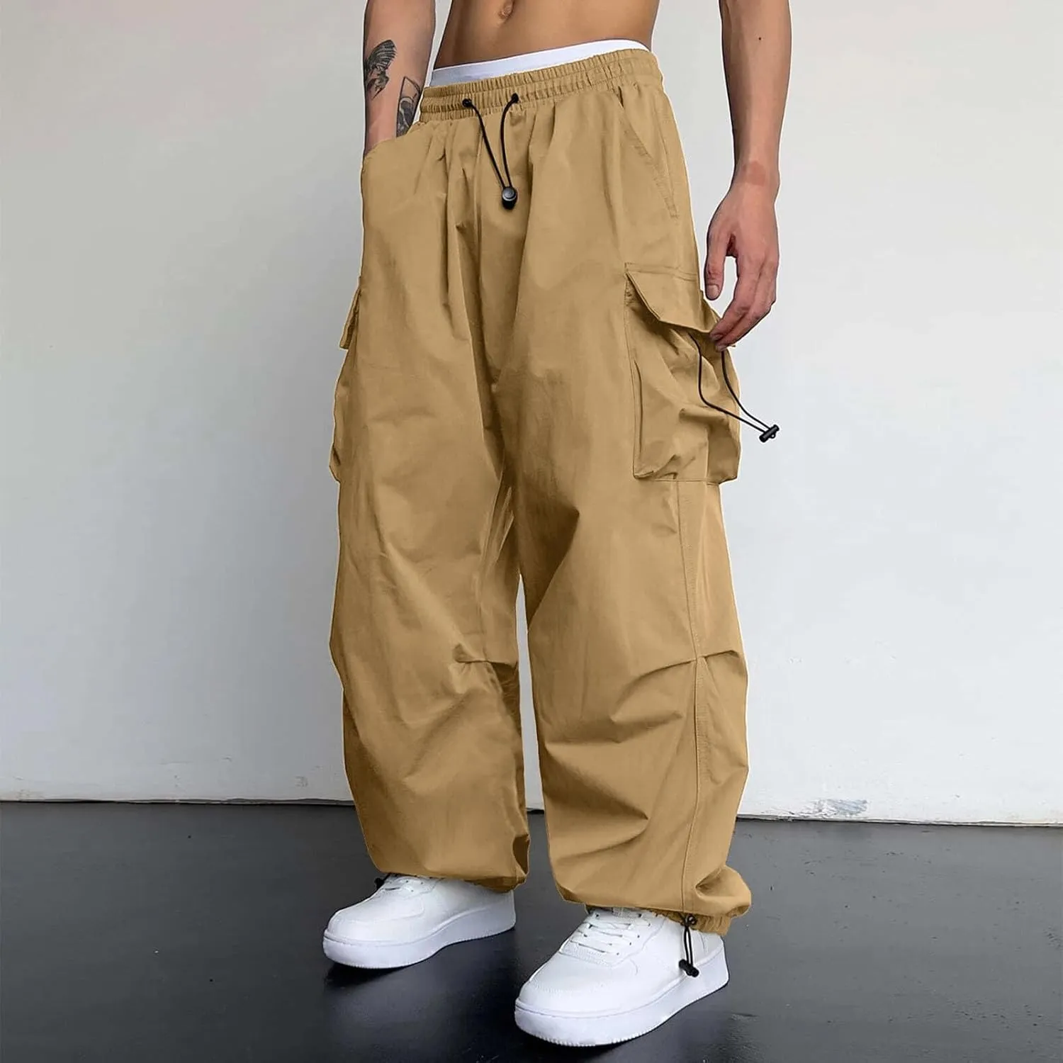 Men's Cargo Pants Casual Wide Leg Drawstring Waist Pant Hiking Pant with Multiple Pockets