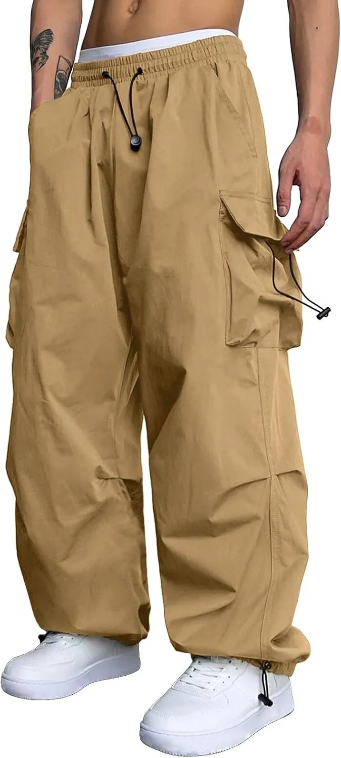 Men's Cargo Pants Casual Wide Leg Drawstring Waist Pant Hiking Pant with Multiple Pockets