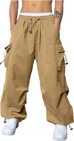 Men's Cargo Pants Casual Wide Leg Drawstring Waist Pant Hiking Pant with Multiple Pockets