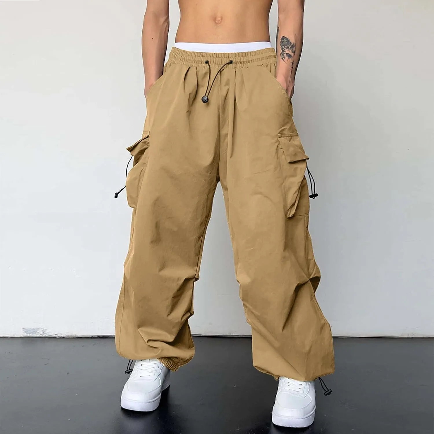 Men's Cargo Pants Casual Wide Leg Drawstring Waist Pant Hiking Pant with Multiple Pockets