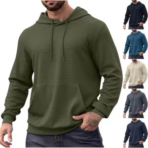 Mens Hooded Sweatshirts Pullover Causal Stylish Solid Long Sleeve Drawstring Gym Hooded Shirt Outdoor Fashion Top Tee
