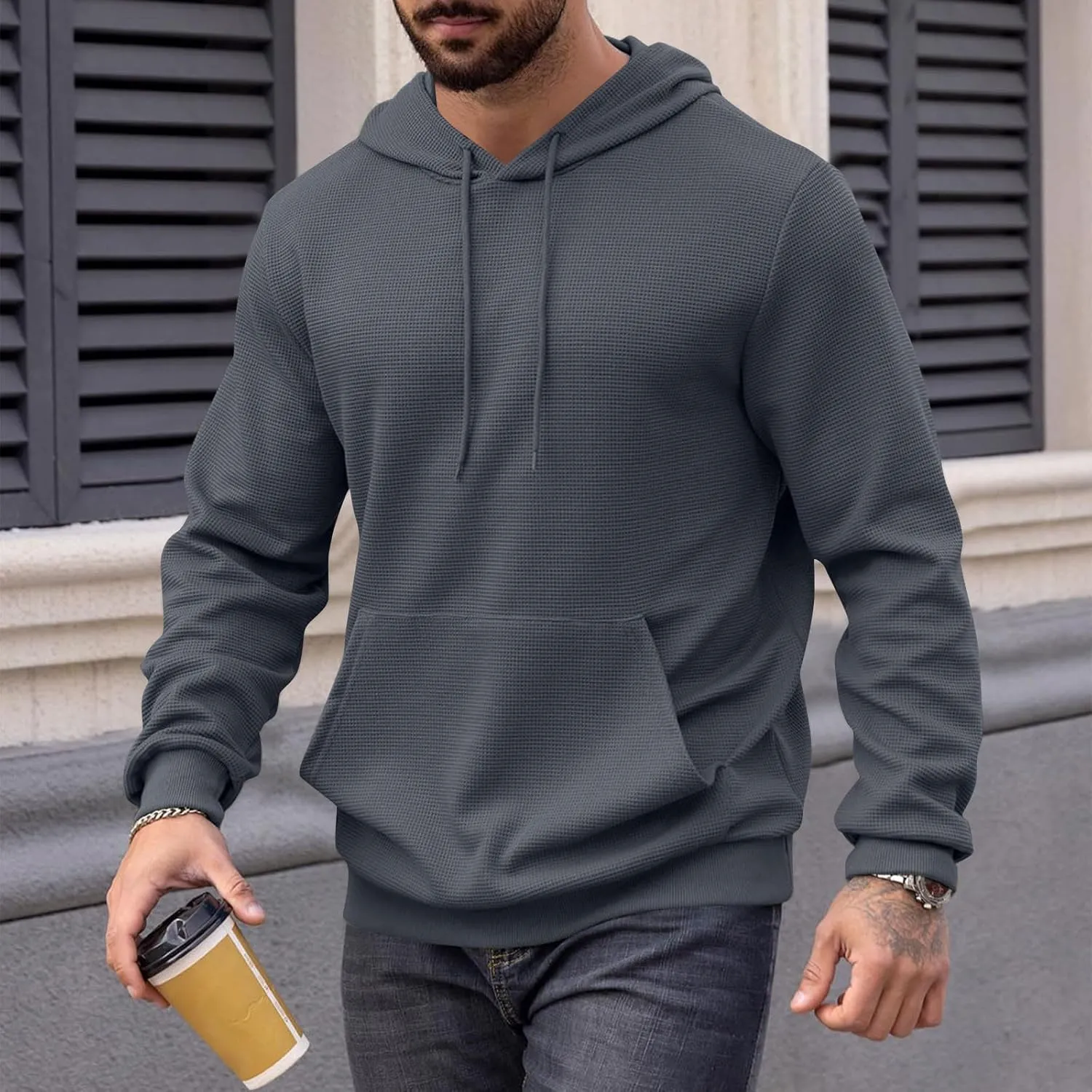 Mens Hooded Sweatshirts Pullover Causal Stylish Solid Long Sleeve Drawstring Gym Hooded Shirt Outdoor Fashion Top Tee