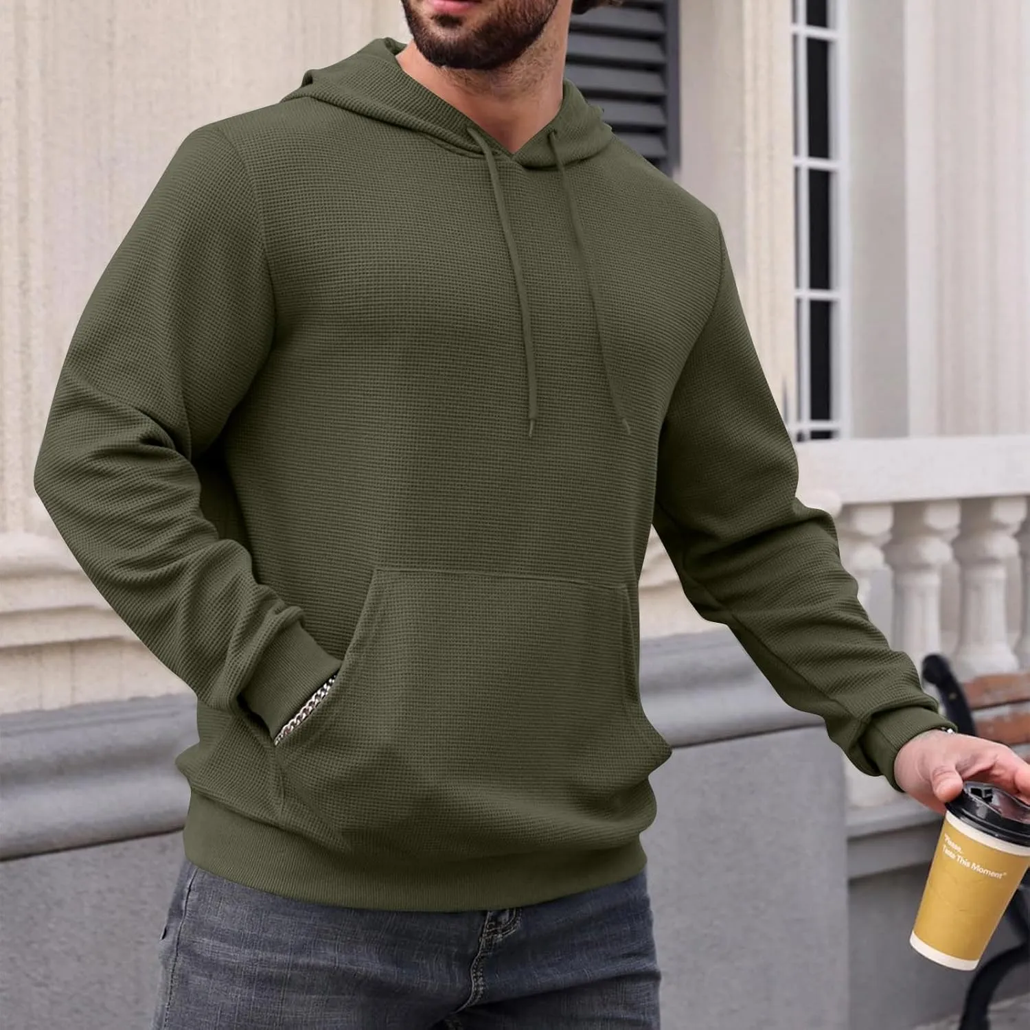 Mens Hooded Sweatshirts Pullover Causal Stylish Solid Long Sleeve Drawstring Gym Hooded Shirt Outdoor Fashion Top Tee