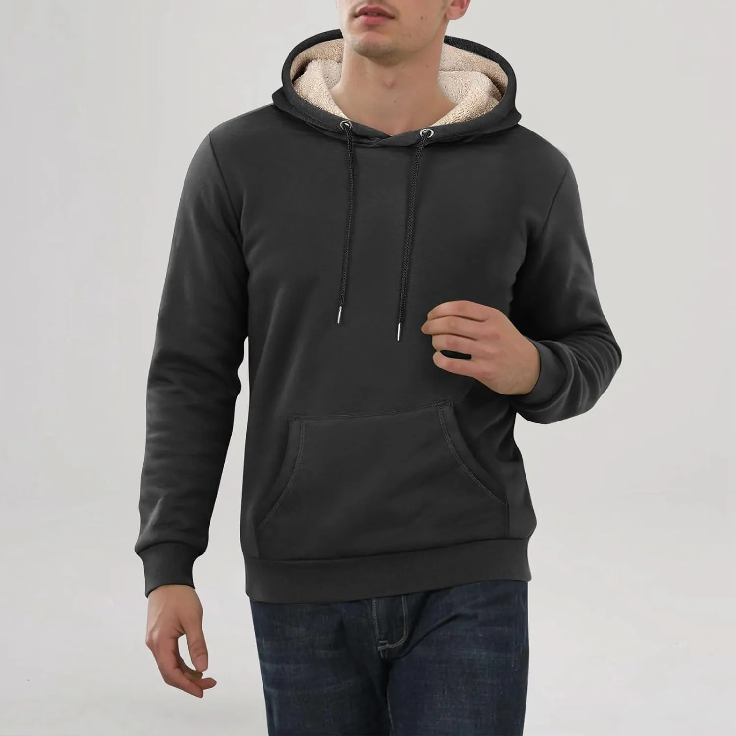 Mens Sherpa Fleece Lined Hoodie Winter Warm Heavyweight Thick Hooded Sweatshirts Kangaroo Pocket Hoodies S-3XL