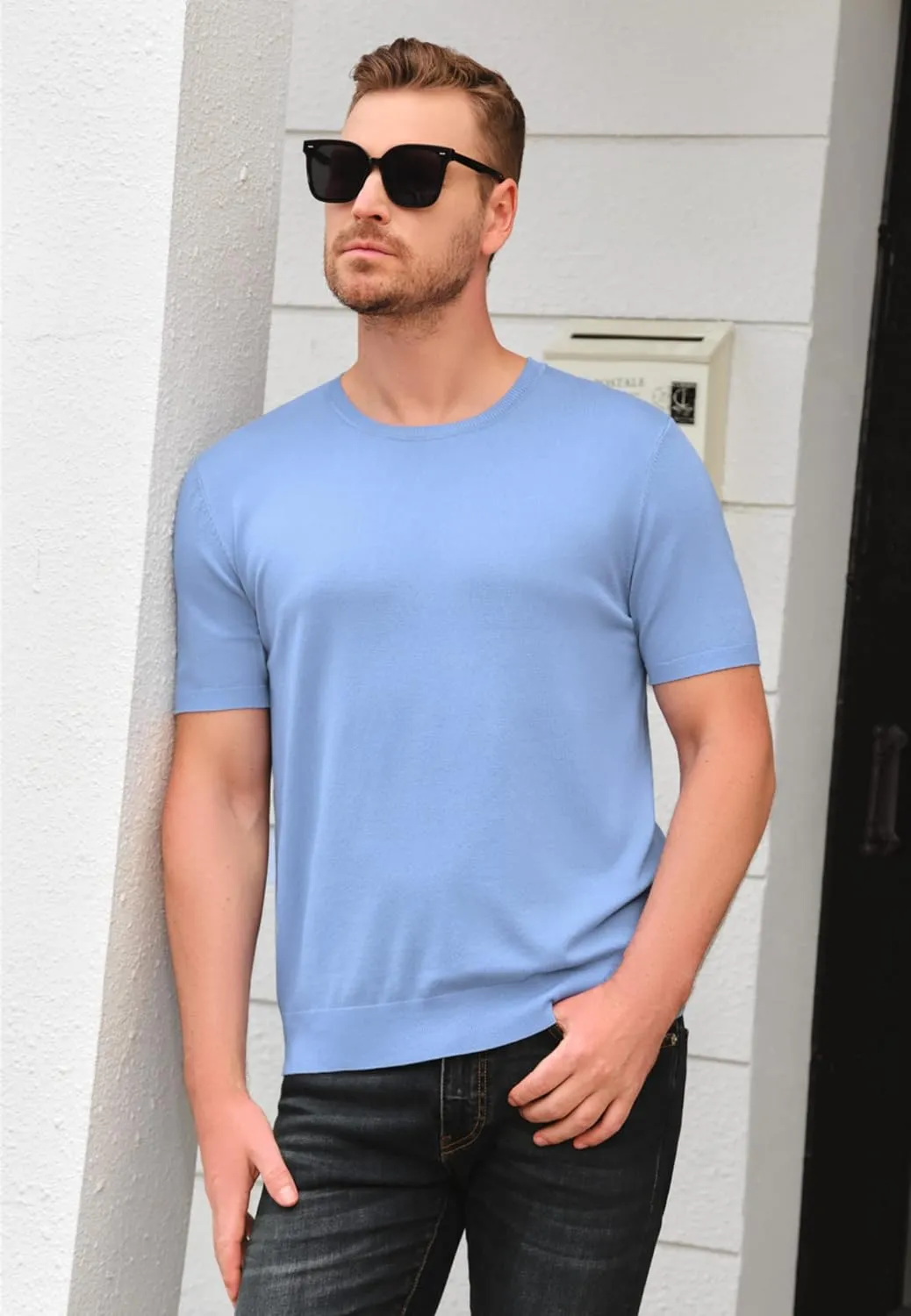 Mens Short Sleeve Knit T-Shirts Crew Neck Slim Fit Stretch Pullover Sweater Casual Solid Basic Knitwear
