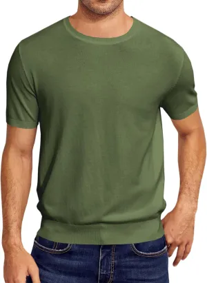 Mens Short Sleeve Knit T-Shirts Crew Neck Slim Fit Stretch Pullover Sweater Casual Solid Basic Knitwear