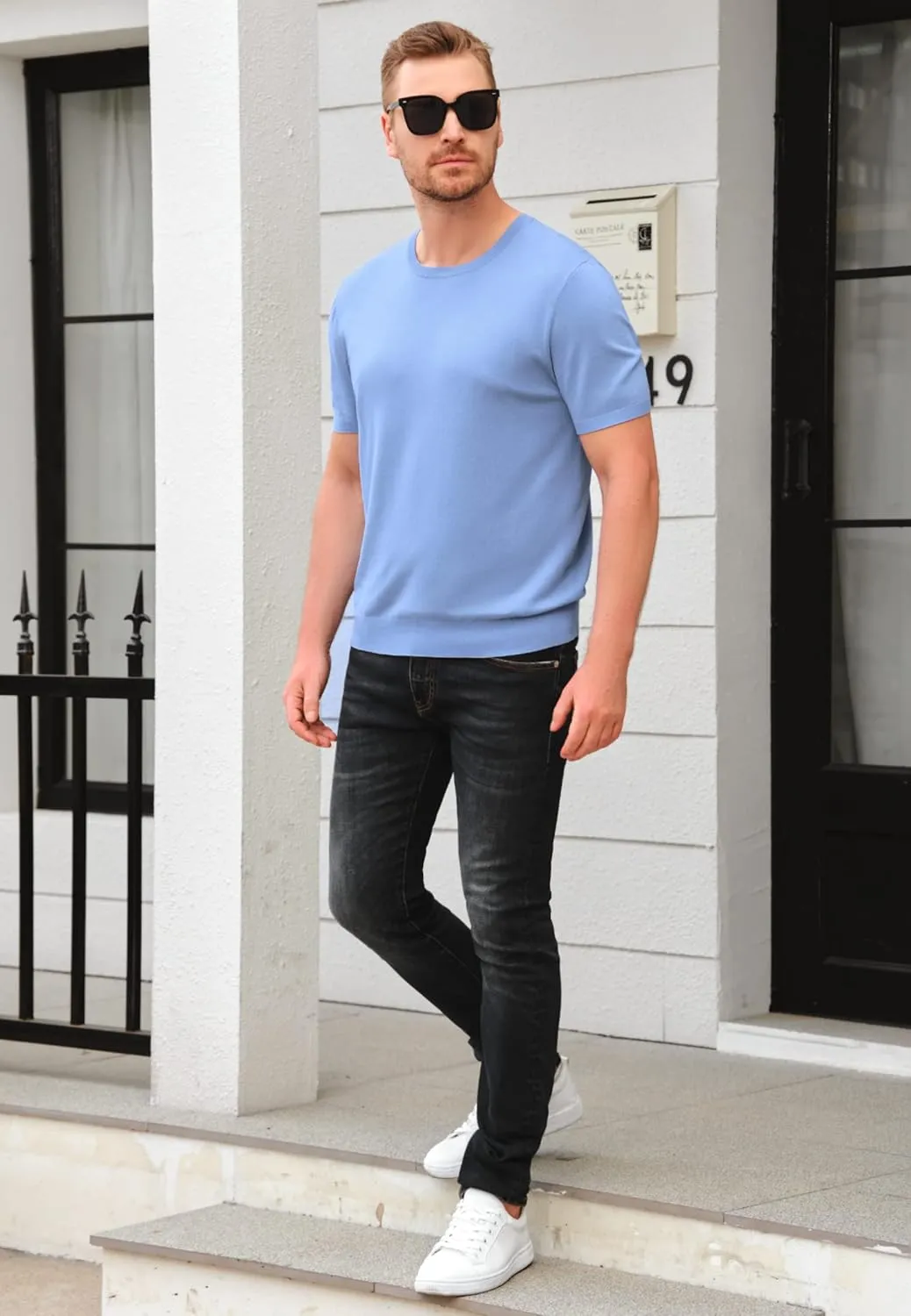 Mens Short Sleeve Knit T-Shirts Crew Neck Slim Fit Stretch Pullover Sweater Casual Solid Basic Knitwear