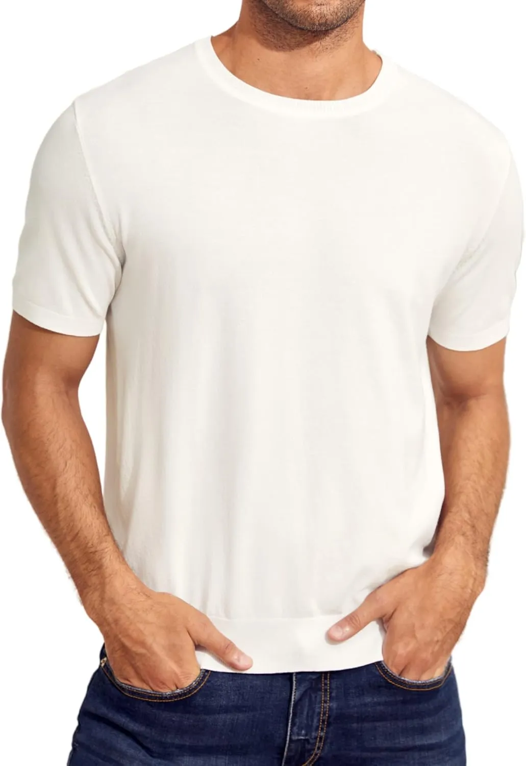 Mens Short Sleeve Knit T-Shirts Crew Neck Slim Fit Stretch Pullover Sweater Casual Solid Basic Knitwear