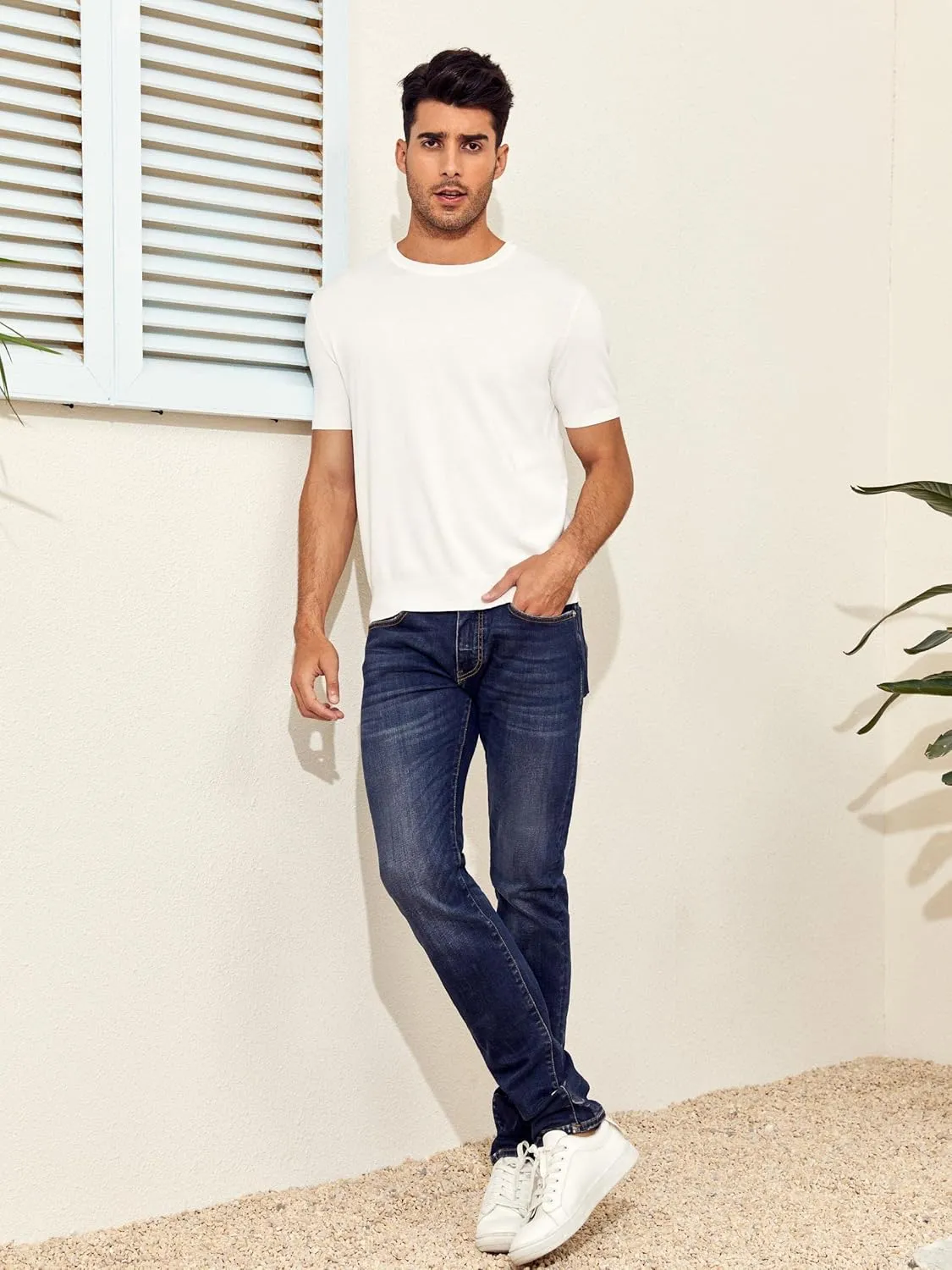 Mens Short Sleeve Knit T-Shirts Crew Neck Slim Fit Stretch Pullover Sweater Casual Solid Basic Knitwear