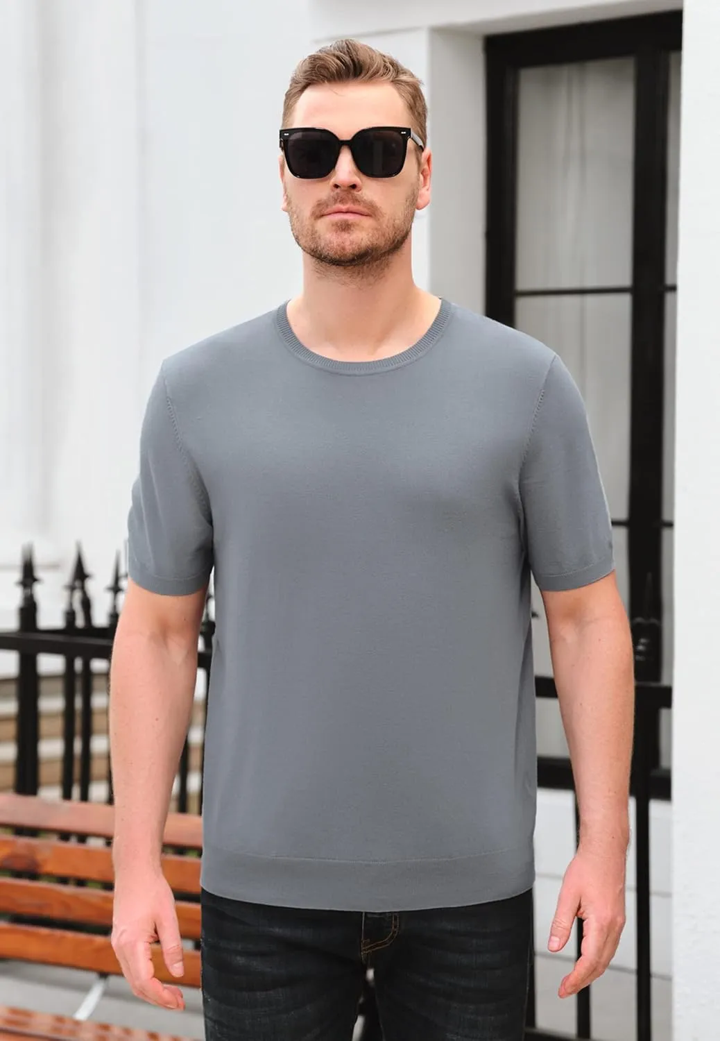 Mens Short Sleeve Knit T-Shirts Crew Neck Slim Fit Stretch Pullover Sweater Casual Solid Basic Knitwear