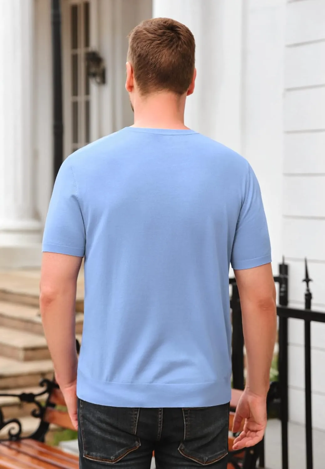 Mens Short Sleeve Knit T-Shirts Crew Neck Slim Fit Stretch Pullover Sweater Casual Solid Basic Knitwear