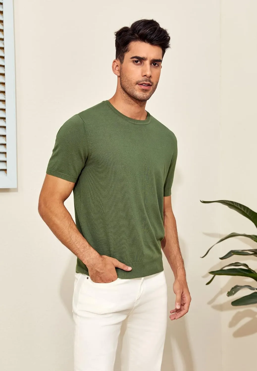 Mens Short Sleeve Knit T-Shirts Crew Neck Slim Fit Stretch Pullover Sweater Casual Solid Basic Knitwear