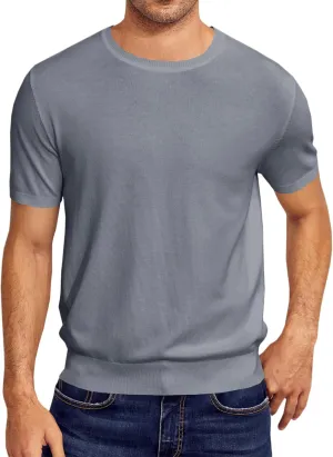 Mens Short Sleeve Knit T-Shirts Crew Neck Slim Fit Stretch Pullover Sweater Casual Solid Basic Knitwear