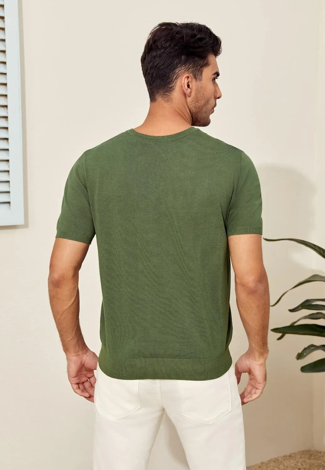 Mens Short Sleeve Knit T-Shirts Crew Neck Slim Fit Stretch Pullover Sweater Casual Solid Basic Knitwear