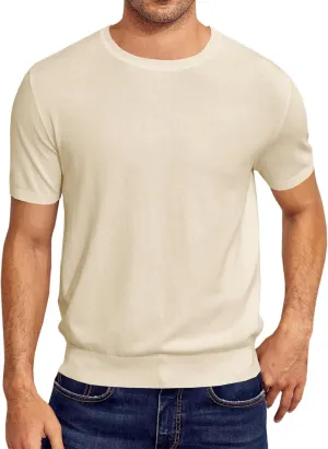 Mens Short Sleeve Knit T-Shirts Crew Neck Slim Fit Stretch Pullover Sweater Casual Solid Basic Knitwear