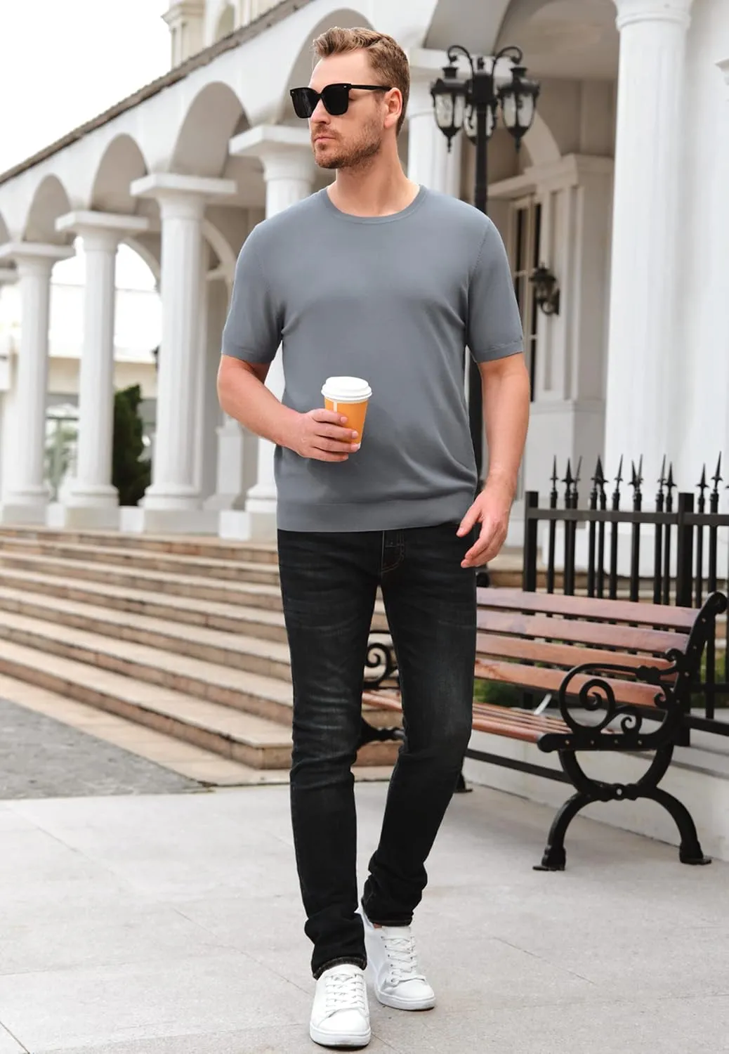 Mens Short Sleeve Knit T-Shirts Crew Neck Slim Fit Stretch Pullover Sweater Casual Solid Basic Knitwear