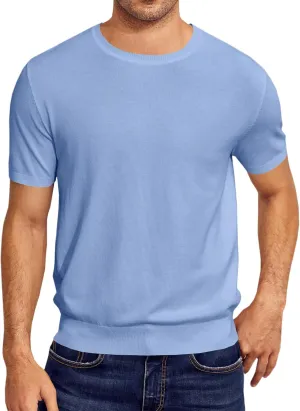 Mens Short Sleeve Knit T-Shirts Crew Neck Slim Fit Stretch Pullover Sweater Casual Solid Basic Knitwear
