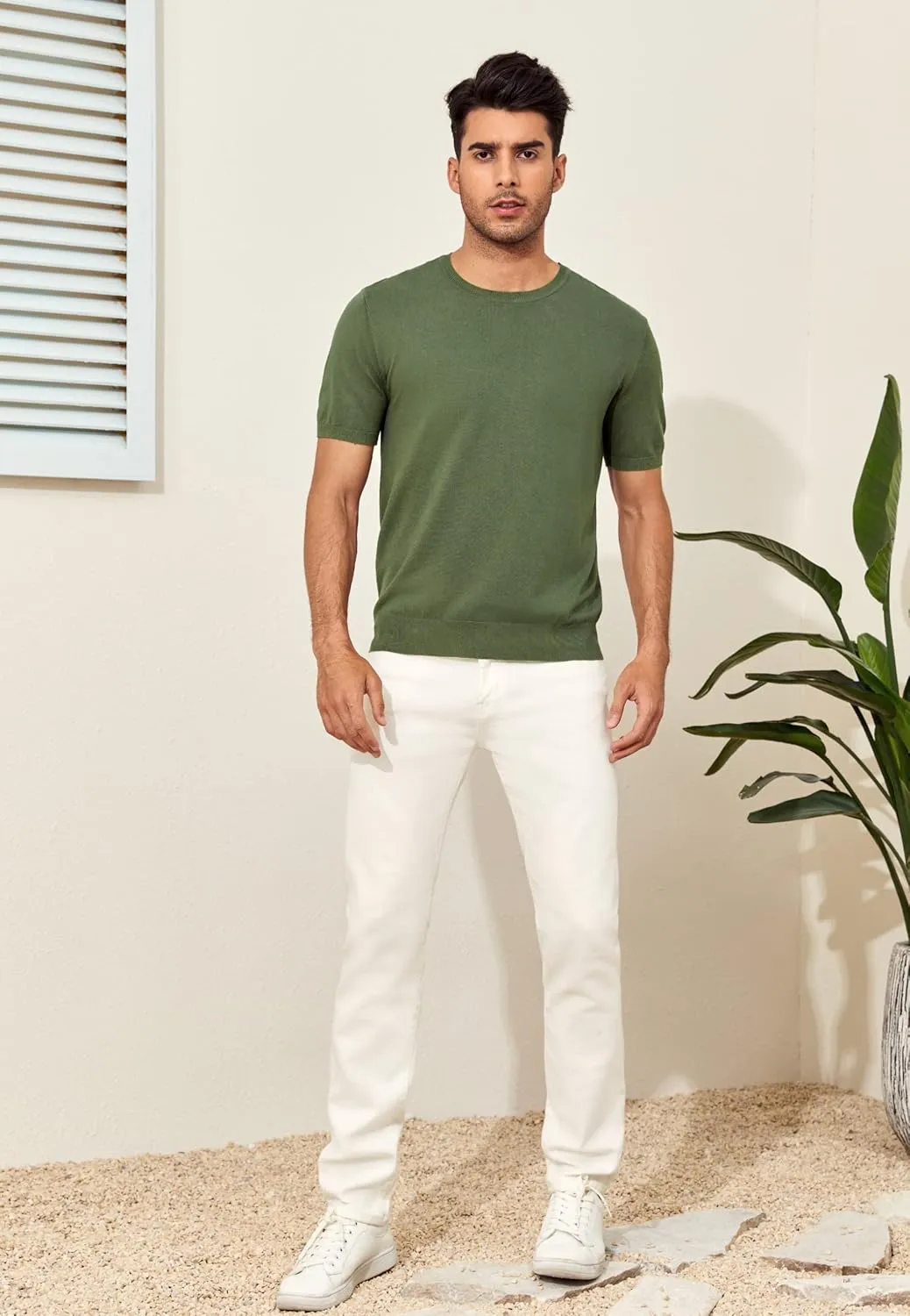 Mens Short Sleeve Knit T-Shirts Crew Neck Slim Fit Stretch Pullover Sweater Casual Solid Basic Knitwear