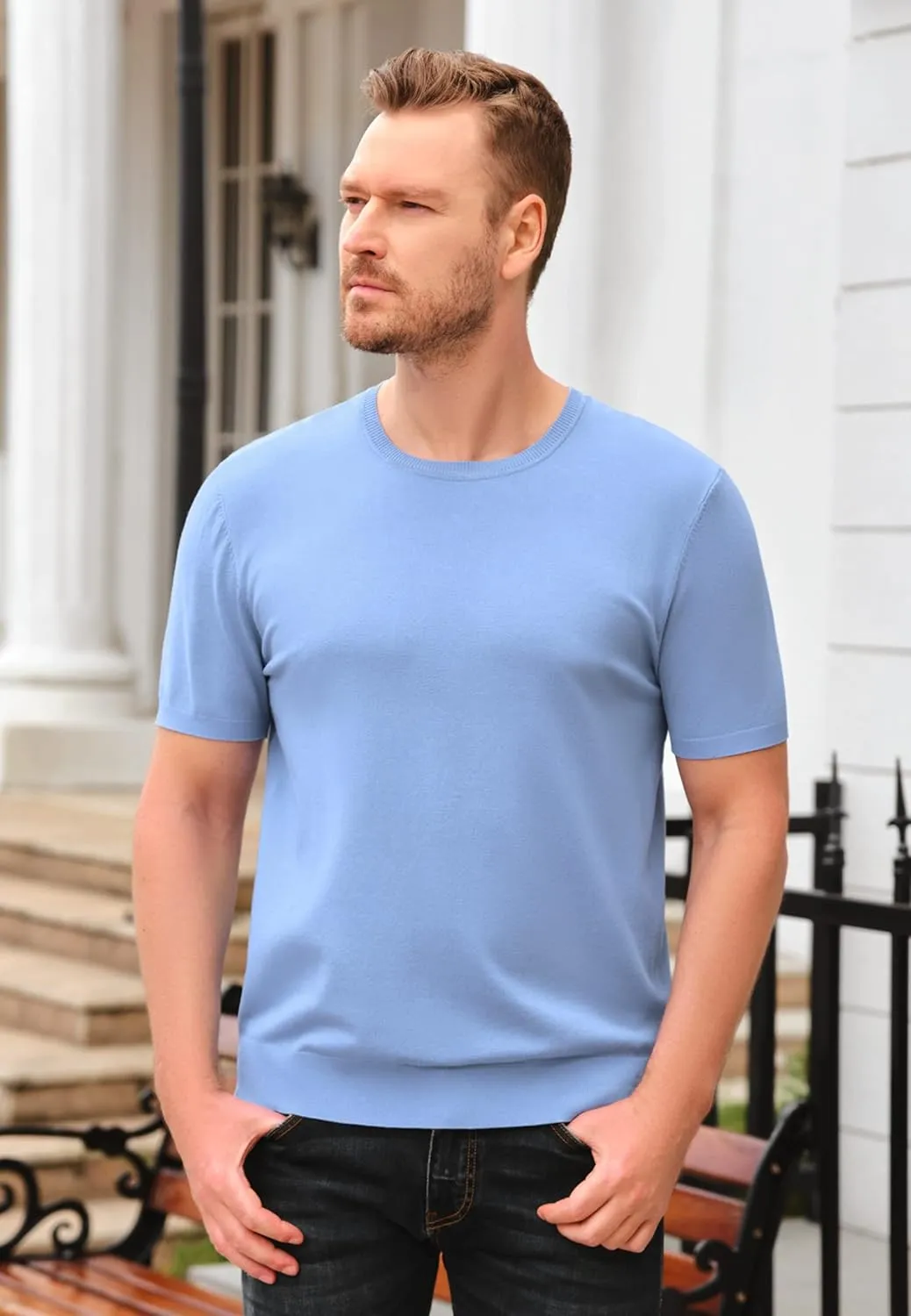 Mens Short Sleeve Knit T-Shirts Crew Neck Slim Fit Stretch Pullover Sweater Casual Solid Basic Knitwear