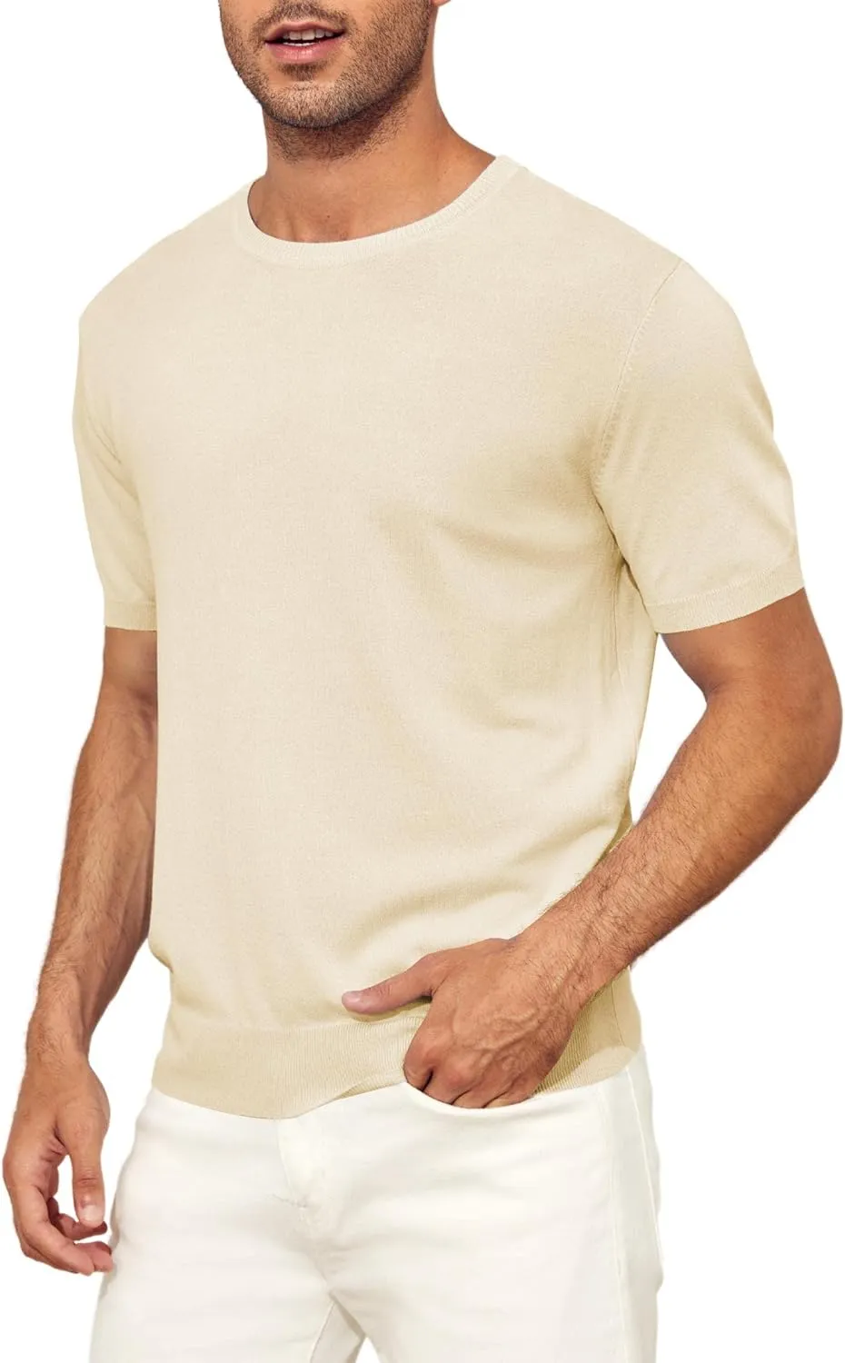 Mens Short Sleeve Knit T-Shirts Crew Neck Slim Fit Stretch Pullover Sweater Casual Solid Basic Knitwear