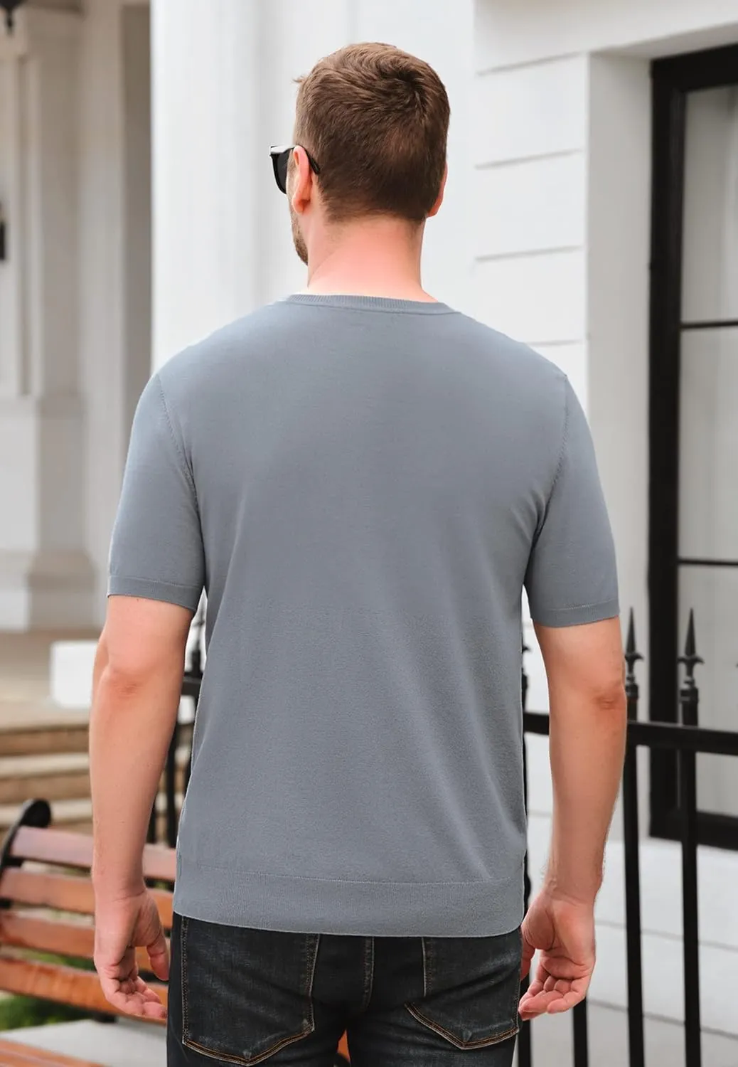 Mens Short Sleeve Knit T-Shirts Crew Neck Slim Fit Stretch Pullover Sweater Casual Solid Basic Knitwear
