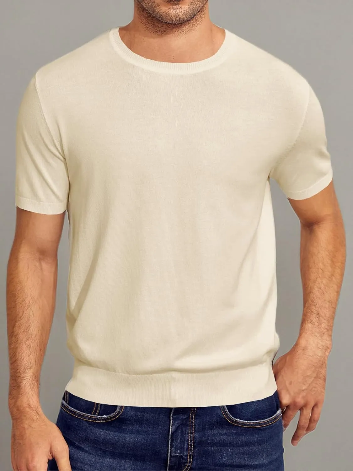 Mens Short Sleeve Knit T-Shirts Crew Neck Slim Fit Stretch Pullover Sweater Casual Solid Basic Knitwear