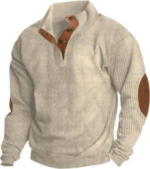 Mens Vintage Sweatshirt Casual Henley Pullover Waffle Button Up Sweater Long Sleeve Shirt with Patched Elbow
