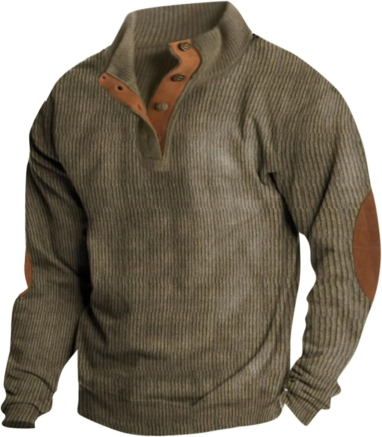 Mens Vintage Sweatshirt Casual Henley Pullover Waffle Button Up Sweater Long Sleeve Shirt with Patched Elbow