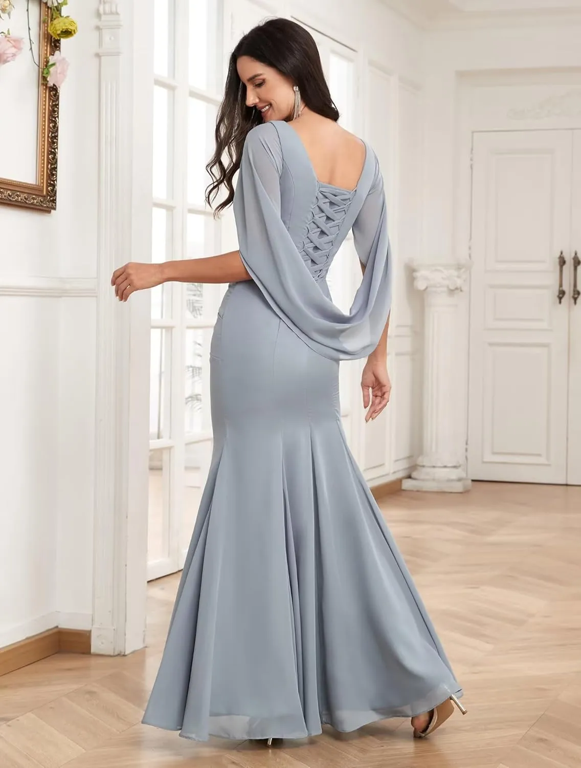 Mermaid Chiffon Mother of The Bride Dresses for Wedding with Cape Sleeves Long Formal Mother of The Groom Dresses
