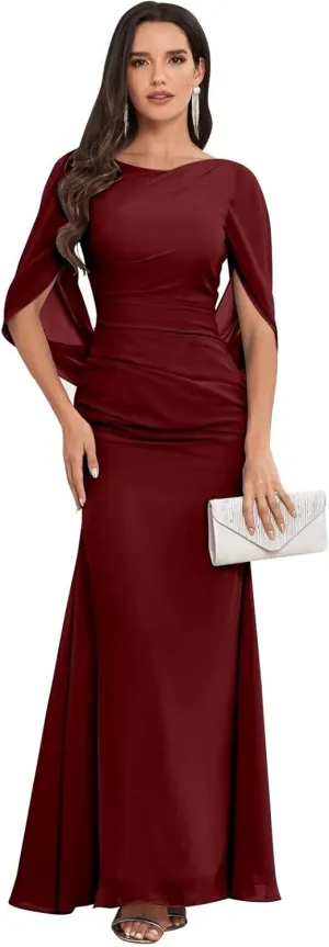 Mermaid Chiffon Mother of The Bride Dresses for Wedding with Cape Sleeves Long Formal Mother of The Groom Dresses