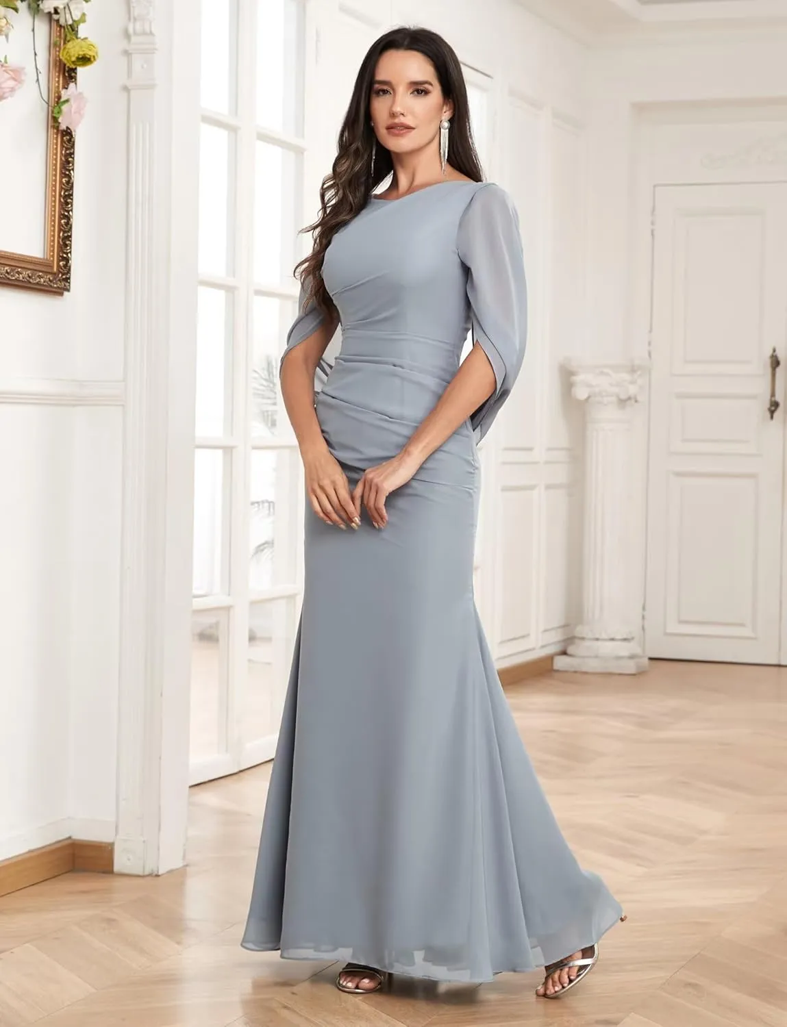 Mermaid Chiffon Mother of The Bride Dresses for Wedding with Cape Sleeves Long Formal Mother of The Groom Dresses