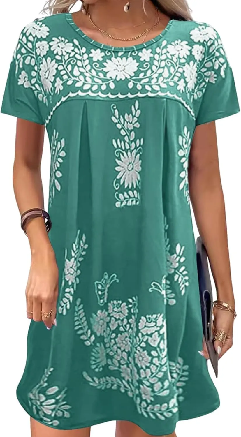 Mexican Dress for Women Floral Embroidered Linen Short Sleeve Dress Fiesta Peasant Casual Loose Dresses