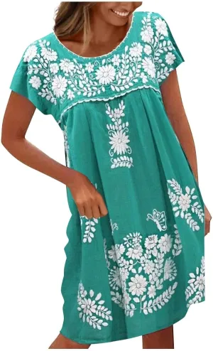 Mexican Dress for Women Floral Embroidered Linen Short Sleeve Dress Fiesta Peasant Casual Loose Dresses