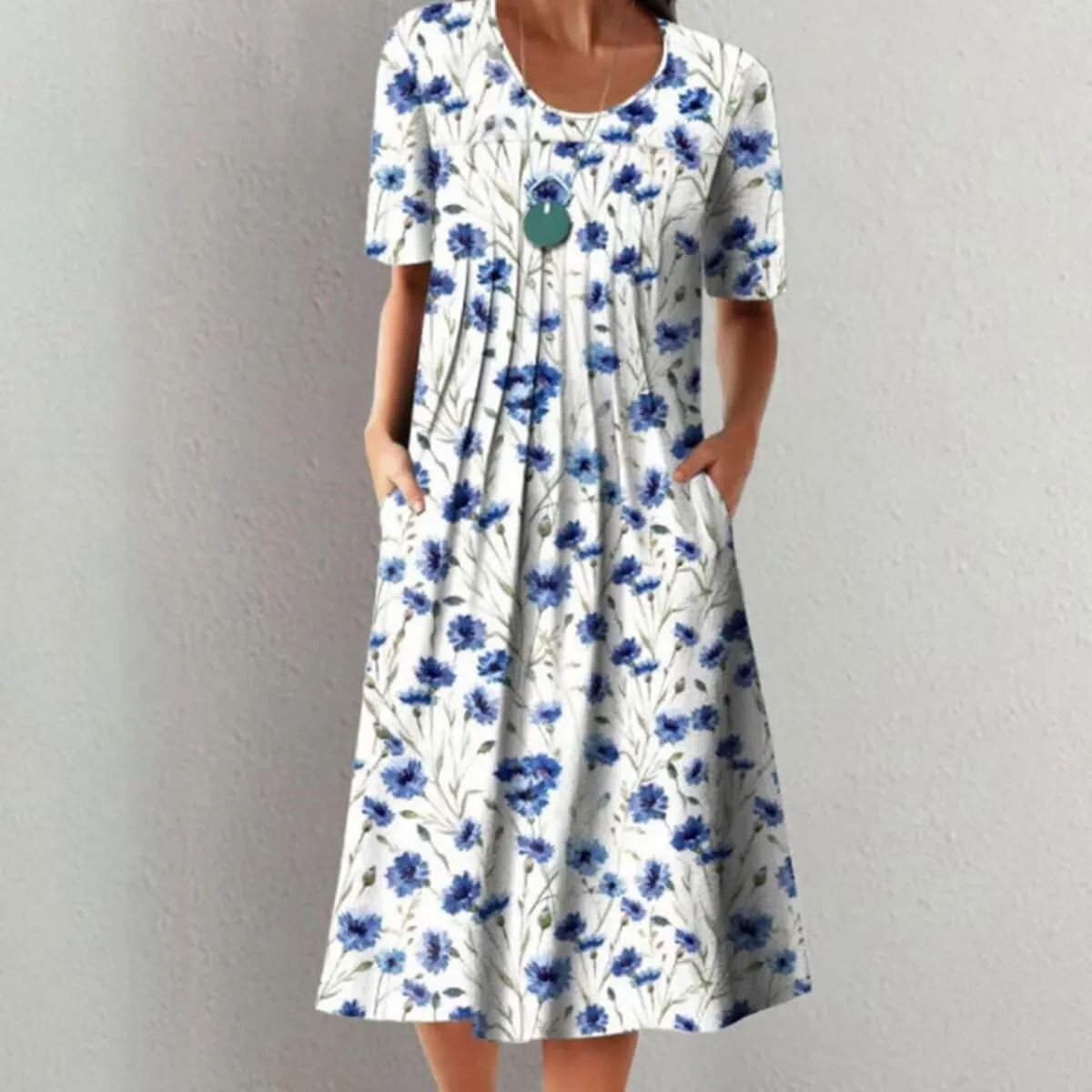 Midi Short Sleeve Dress for Women Summer Pleated Front Round Neck Retro Plus Size Loose Trendy Floral Dresses