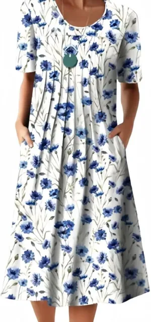 Midi Short Sleeve Dress for Women Summer Pleated Front Round Neck Retro Plus Size Loose Trendy Floral Dresses