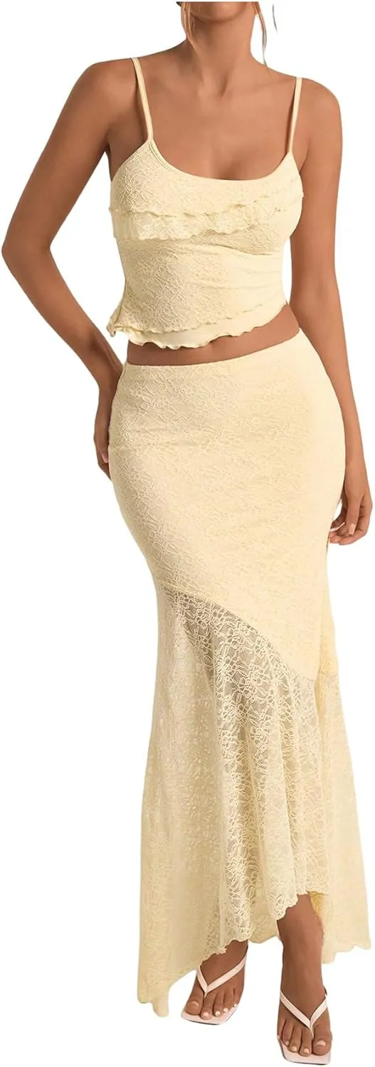Milumia Women's 2 Piece Outfits Ruffle Trim Cami Crop Top and Low Rise Maxi Skirt Set