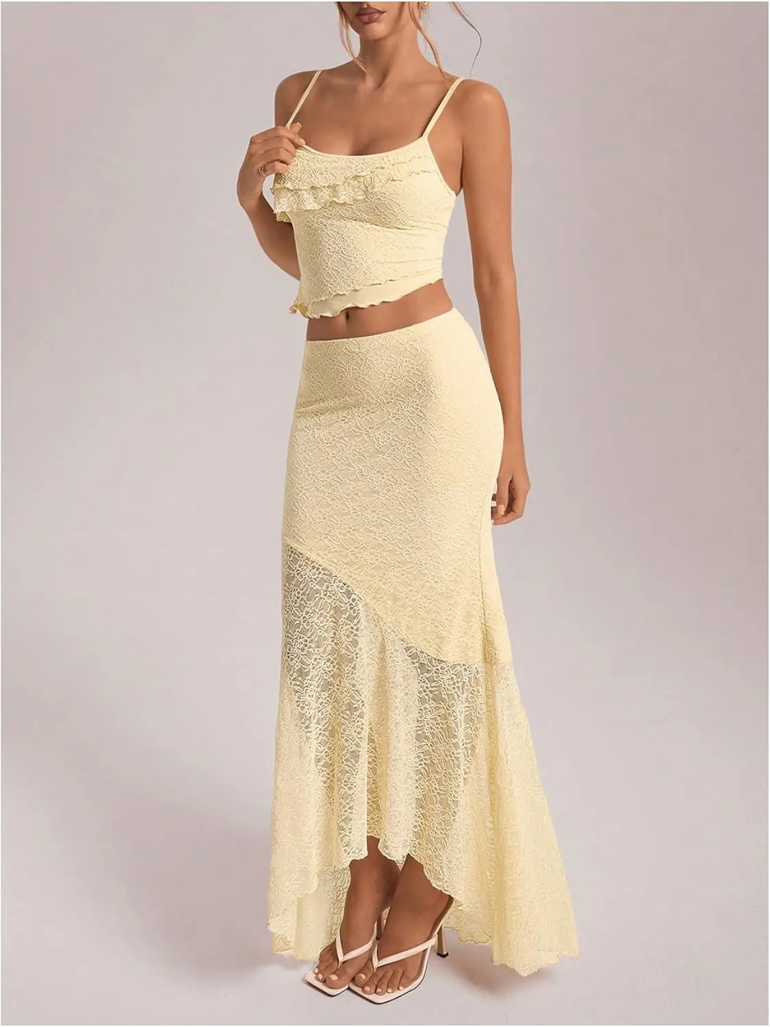Milumia Women's 2 Piece Outfits Ruffle Trim Cami Crop Top and Low Rise Maxi Skirt Set