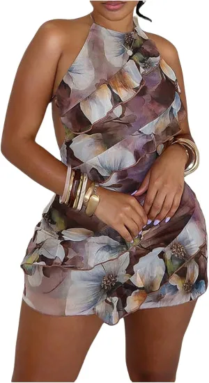 Milumia Women's Floral Ruffle Trim Bodycon Mini Dress Tie Backless Halter Short Dresses