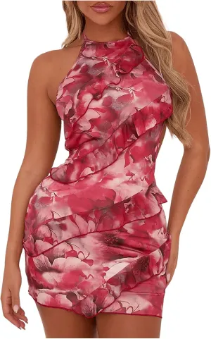 Milumia Women's Floral Ruffle Trim Bodycon Mini Dress Tie Backless Halter Short Dresses