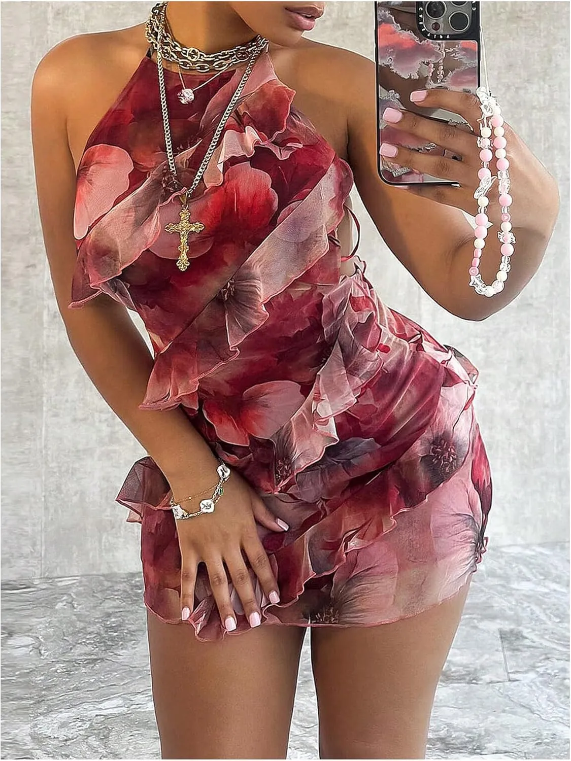 Milumia Women's Floral Ruffle Trim Bodycon Mini Dress Tie Backless Halter Short Dresses