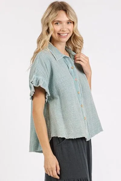 Mineral Washed Button Down Flounce Sleeve Shirt