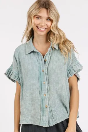 Mineral Washed Button Down Flounce Sleeve Shirt