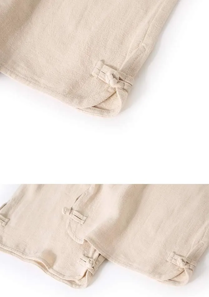 Minibee Women's Linen Pants Drawstring Waist Wide Leg Trousers with Frog Button