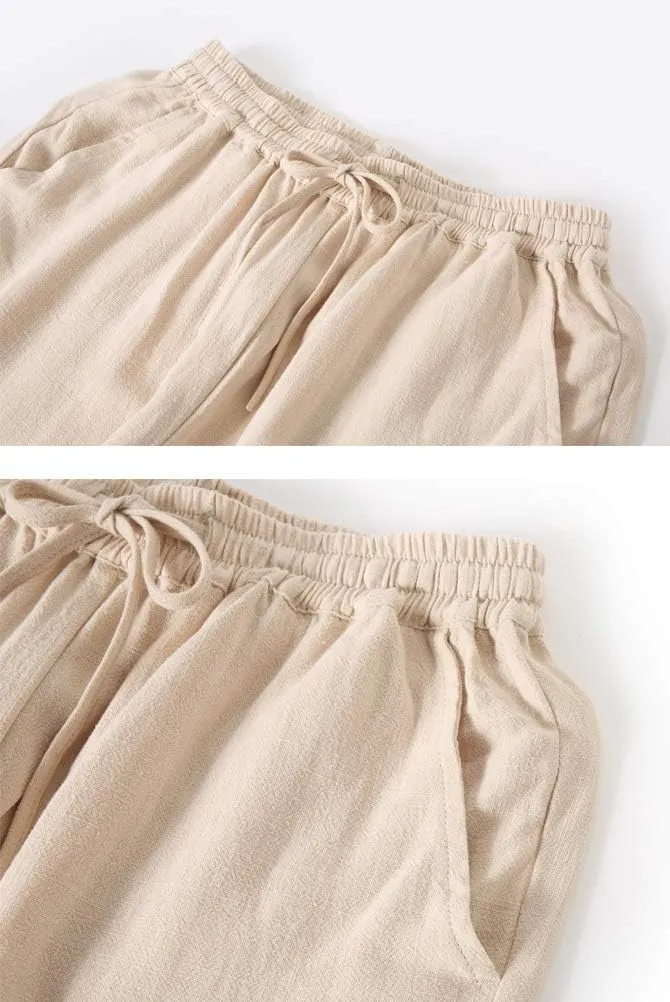 Minibee Women's Linen Pants Drawstring Waist Wide Leg Trousers with Frog Button