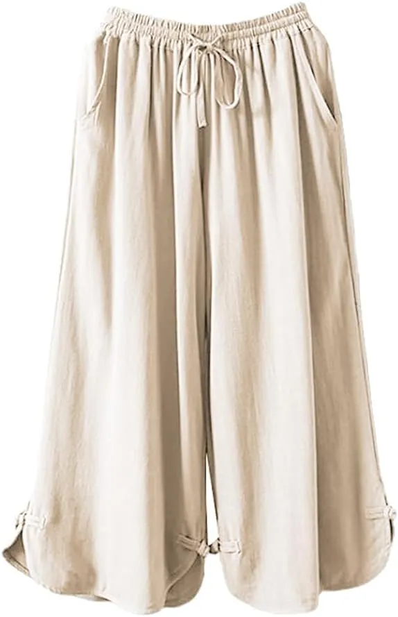 Minibee Women's Linen Pants Drawstring Waist Wide Leg Trousers with Frog Button