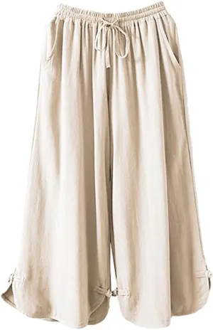 Minibee Women's Linen Pants Drawstring Waist Wide Leg Trousers with Frog Button